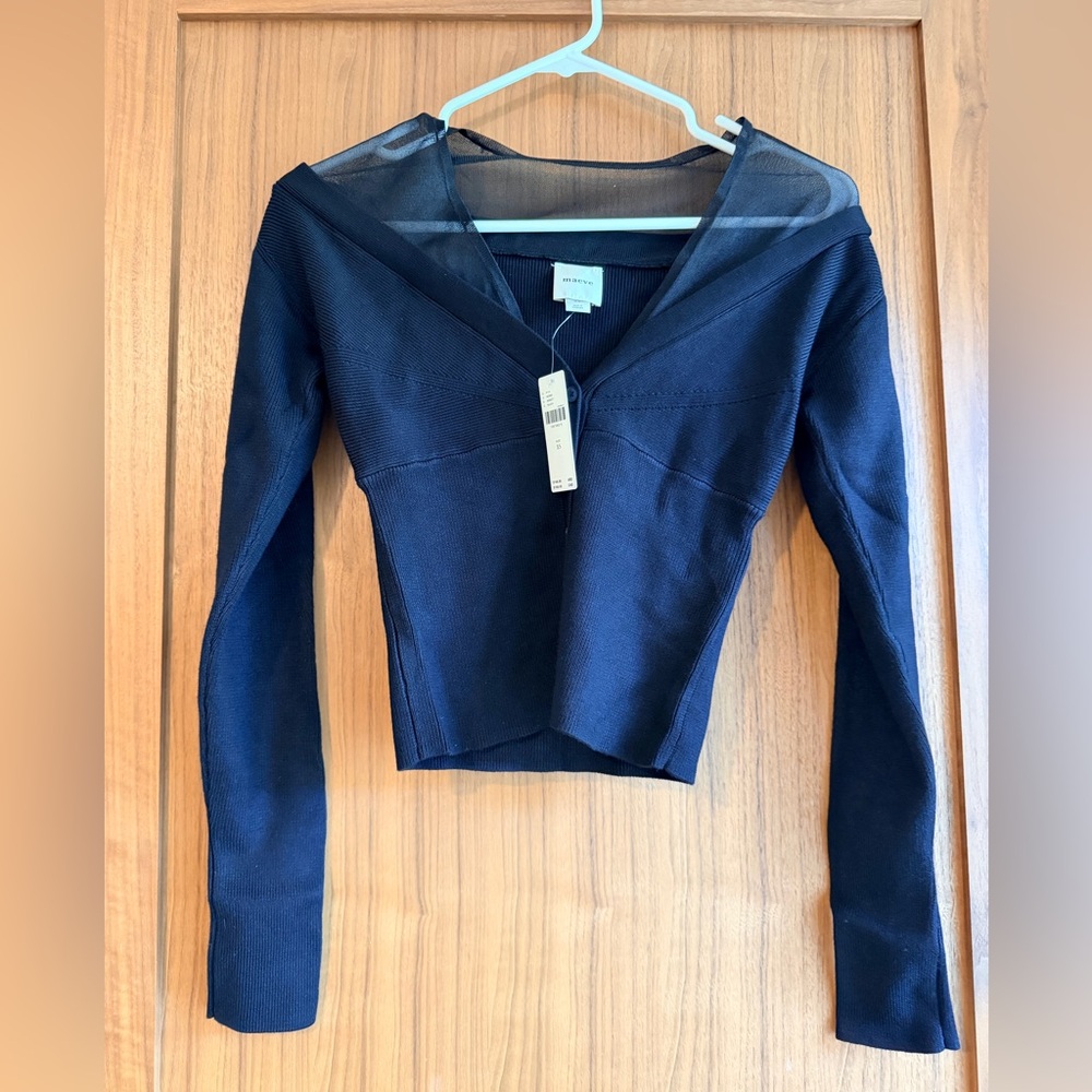 Maeve Navy Long-Sleeve V-Neck Slim Knit Top